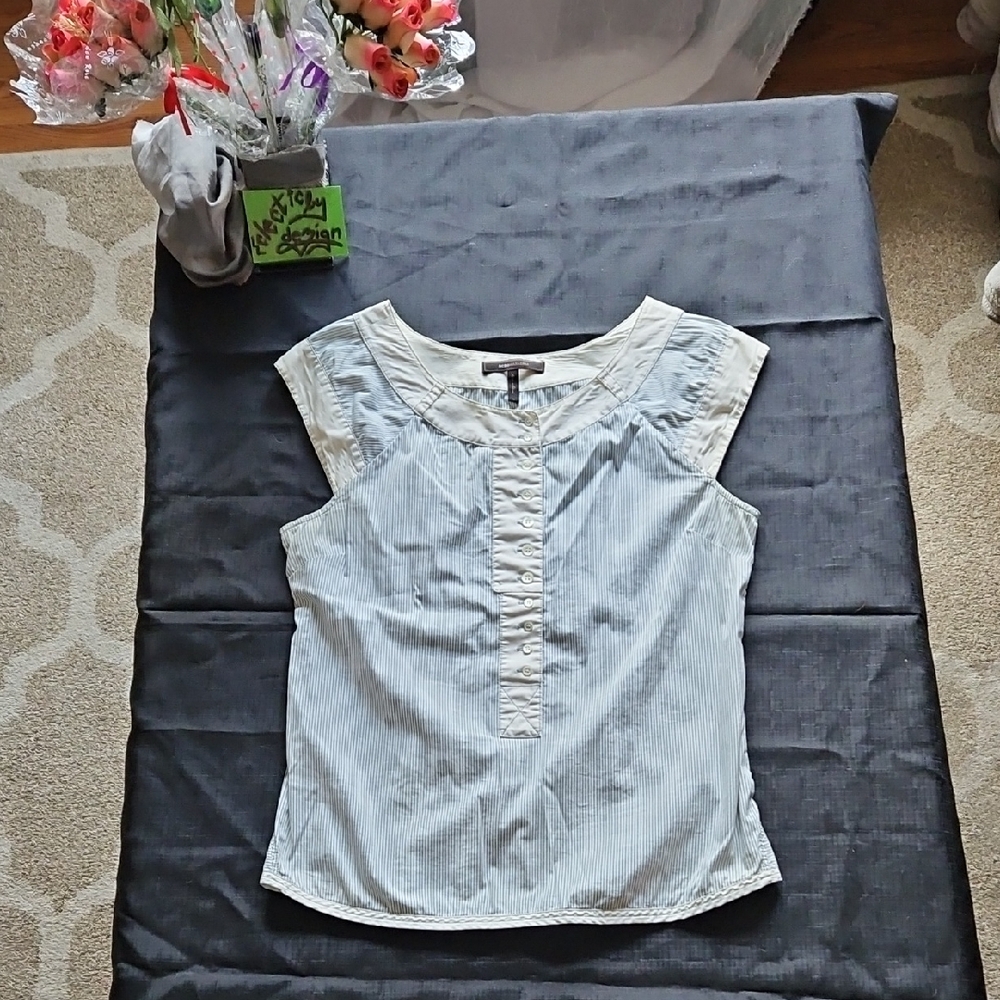 BCBGMaxAzria Light Blue and White Striped Cap Sleeve Blouse